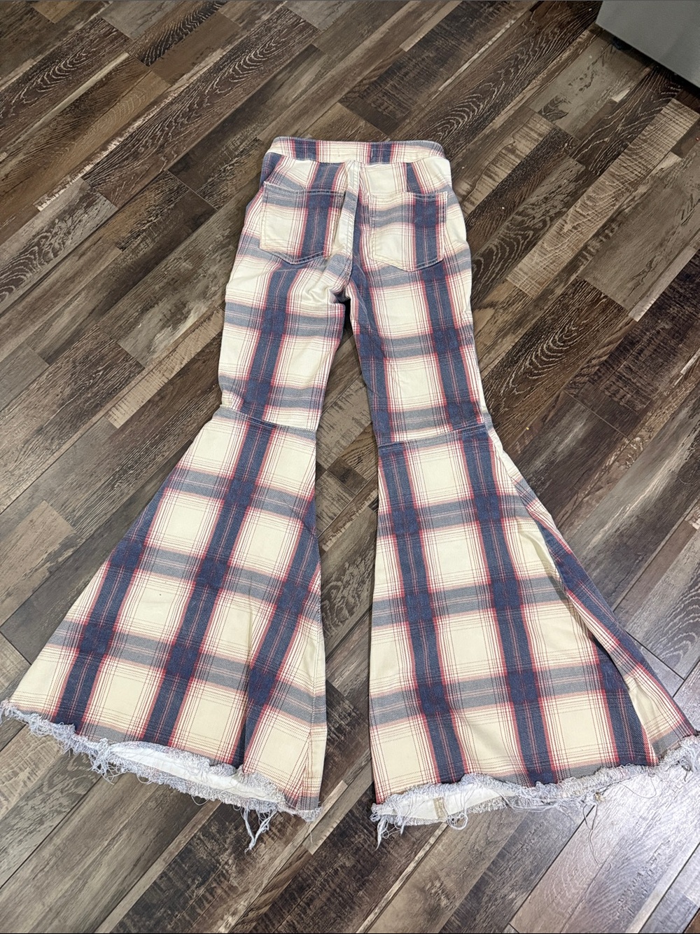 We The Free Plaid Flare Pants in Cream, Navy & Red - Picture 3 of 3